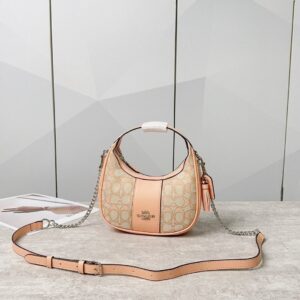 coach carmen mini crossbody in signature jacquard light apricot cloth with pink with og box & dust bag (2750)
