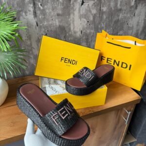 fendi sunshine flip flop sandal with platform in cotton fiber brown brown with og box & carry bag