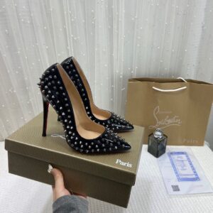 christian louboutin pigalle spikes black pointed toe heels for women with og box carry bag & dust bag