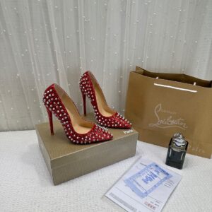 christian louboutin pigalle spikes red pointed toe heels for women with og box carry bag & dust bag