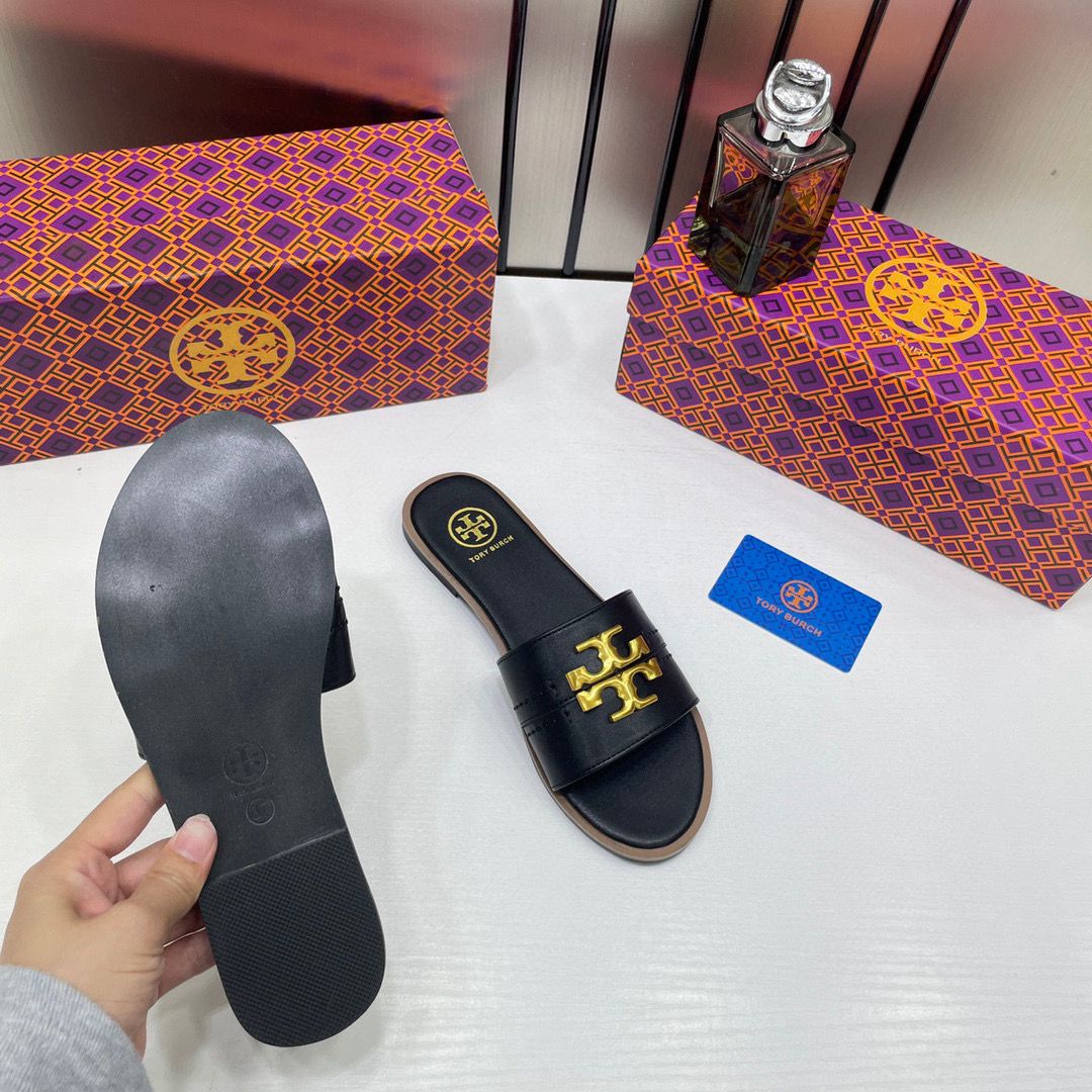 tory burch eleanor slide flat black with og box tory burch eleanor slide flat black with og box