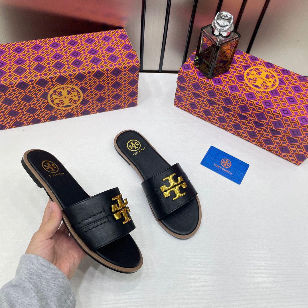 tory burch eleanor slide flat black with og box tory burch eleanor slide flat black with og box