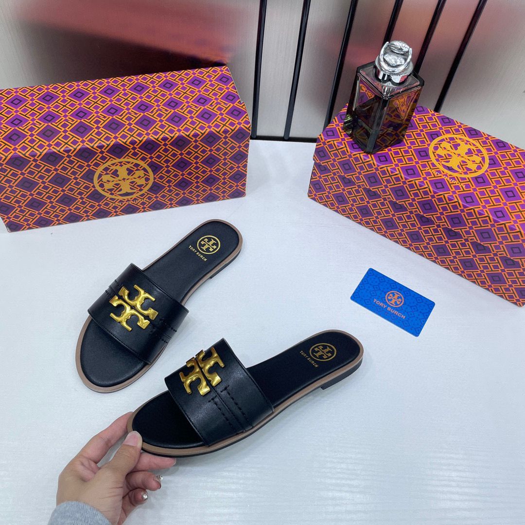 tory burch eleanor slide flat black with og box tory burch eleanor slide flat black with og box