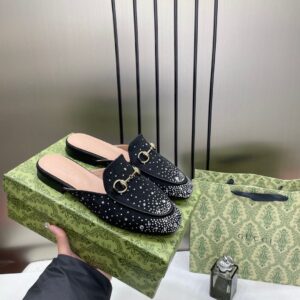 gucci princetown horsebit black sparkle loafers mule for women wid og box & carry bag