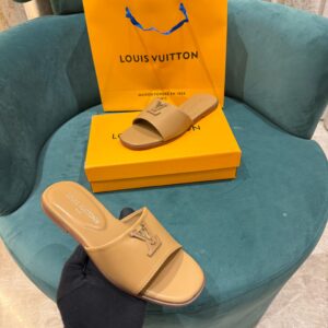 louis vuitton lv mare flat mule khakhi with og box & carry bag