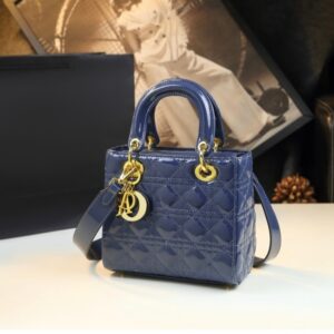 christian dior lady dior handbag leather glossy blue with og box & dust bag 621 bright blue