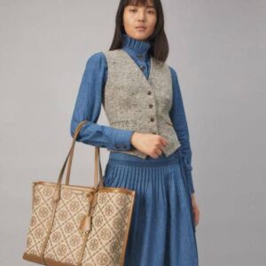tory burch big tote jacquard signature brown with dust bag brown
