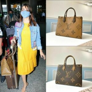 louis vuitton lv on the go monogram and monogram reverse premium leather tote bag with dust bag (brown 44571)