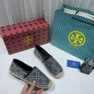 tory burch t monogram platform espadrille logo jacquard blue with og box & carry bag 888 t5 blue