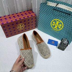 tory burch t monogram platform espadrille logo jacquard khakhi with og box & carry bag 888 t5 khakhi