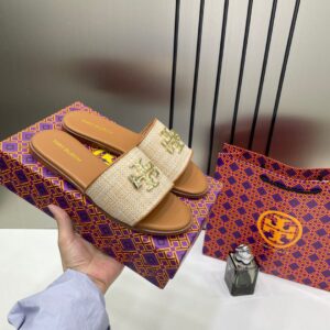 tory burch eleanor slide flat brown canvas with og box 1892 brown canvas