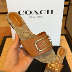 coach monogrammed leather slide brown with og box dust cover a1892 brown
