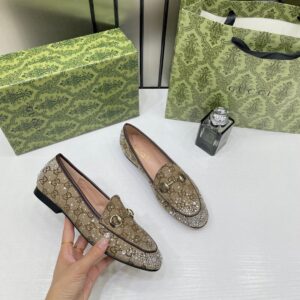 gucc.i womens jordaan loafers wid og box & carry bag khakhi crystal