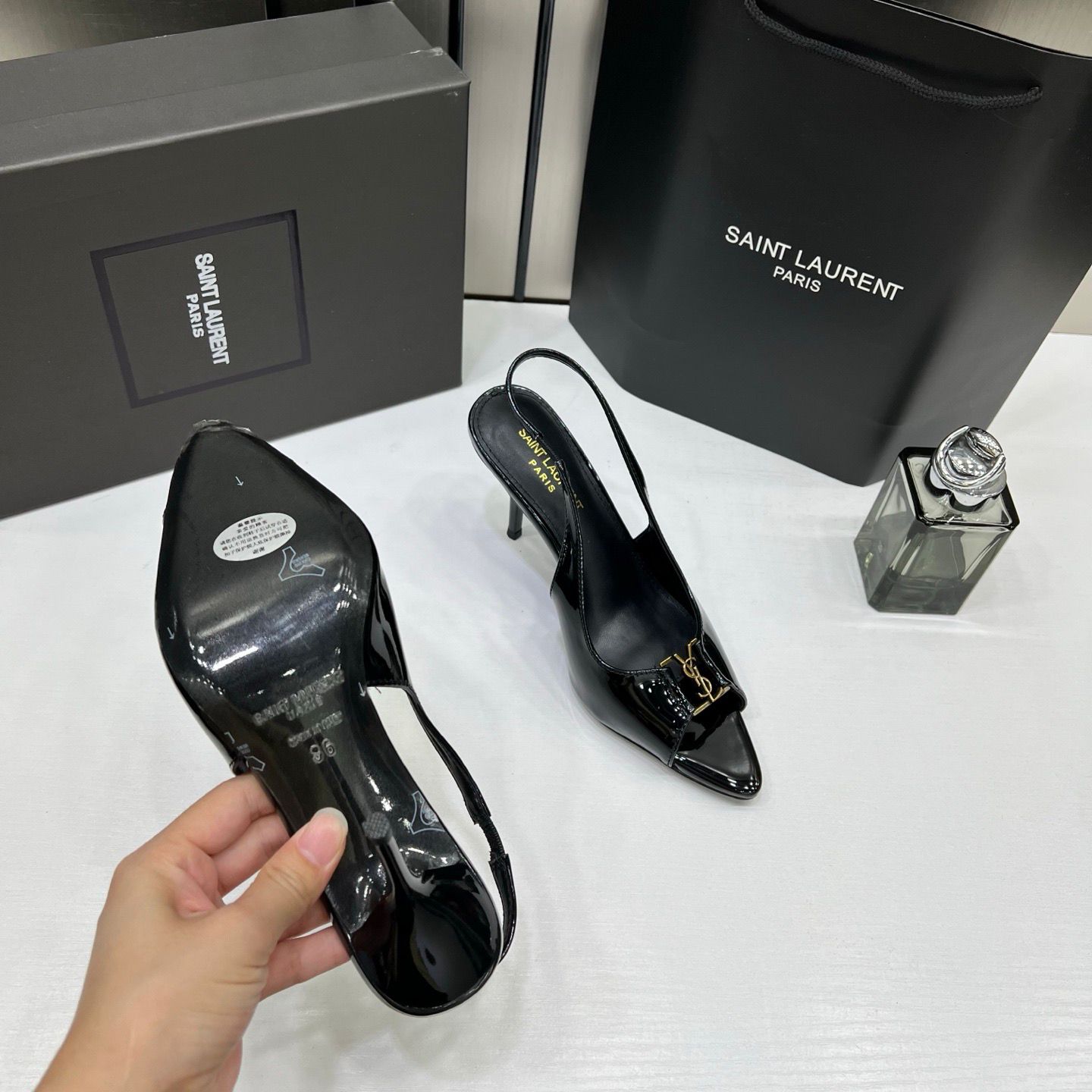 ysl saint laurent black patent leather slingback heels with og box & carry bag black a19 ysl saint laurent black patent leather slingback heels with og box & carry bag black a19