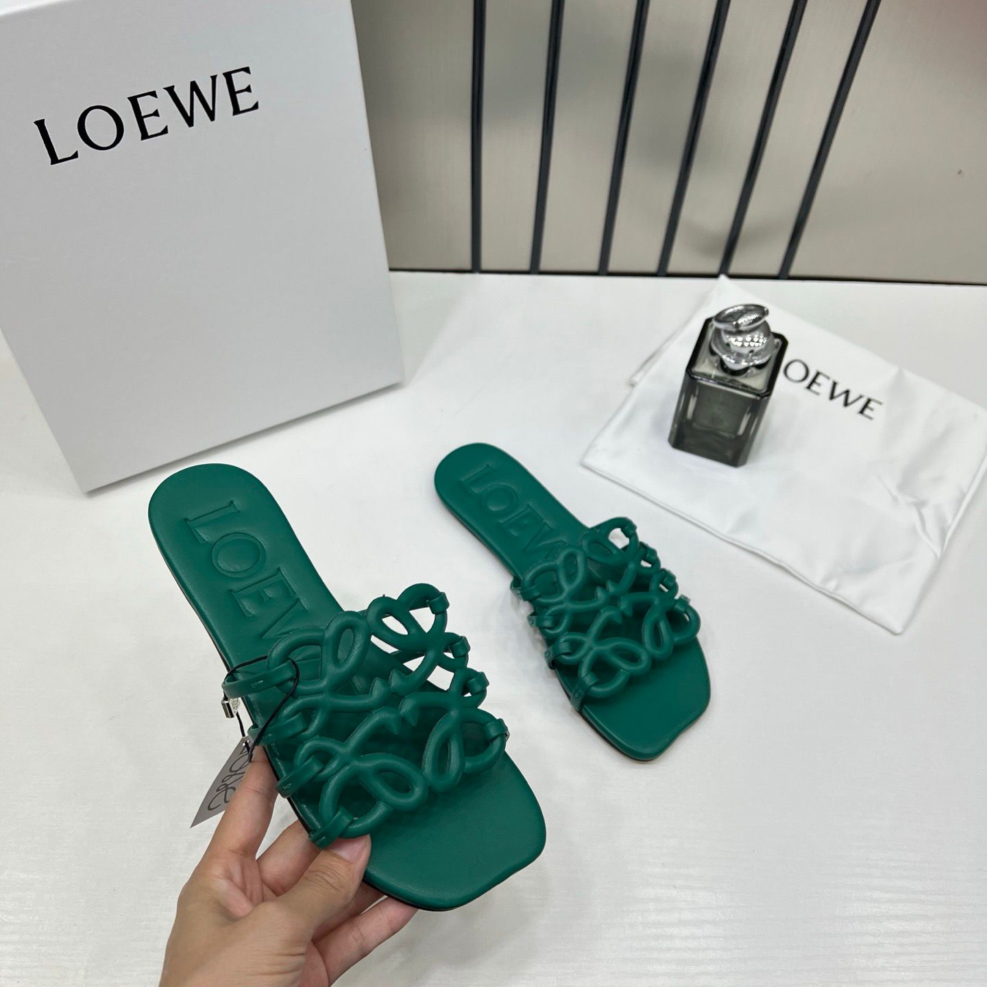 loewe petal anagram green slides for women with original box and dust cover green 2506