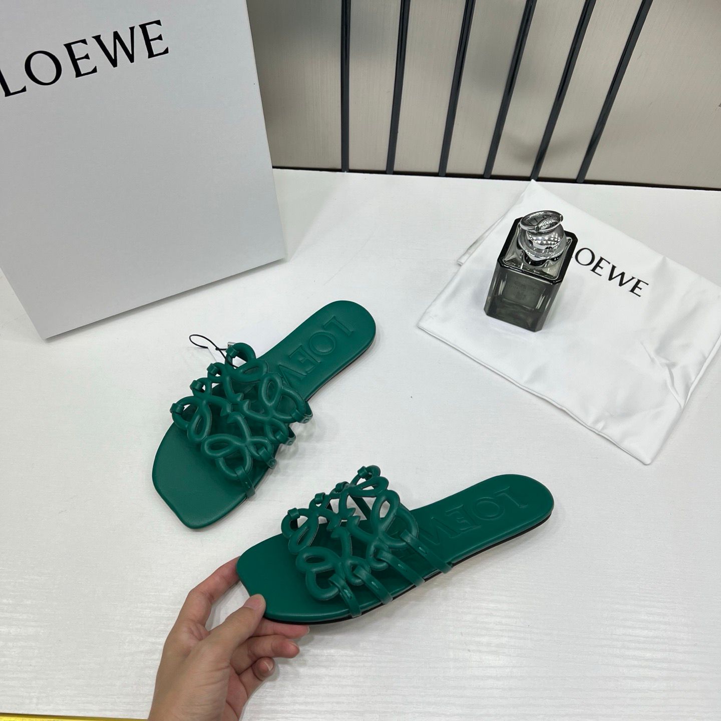 loewe petal anagram green slides for women with original box and dust cover green 2506 loewe petal anagram green slides for women with original box and dust cover green 2506