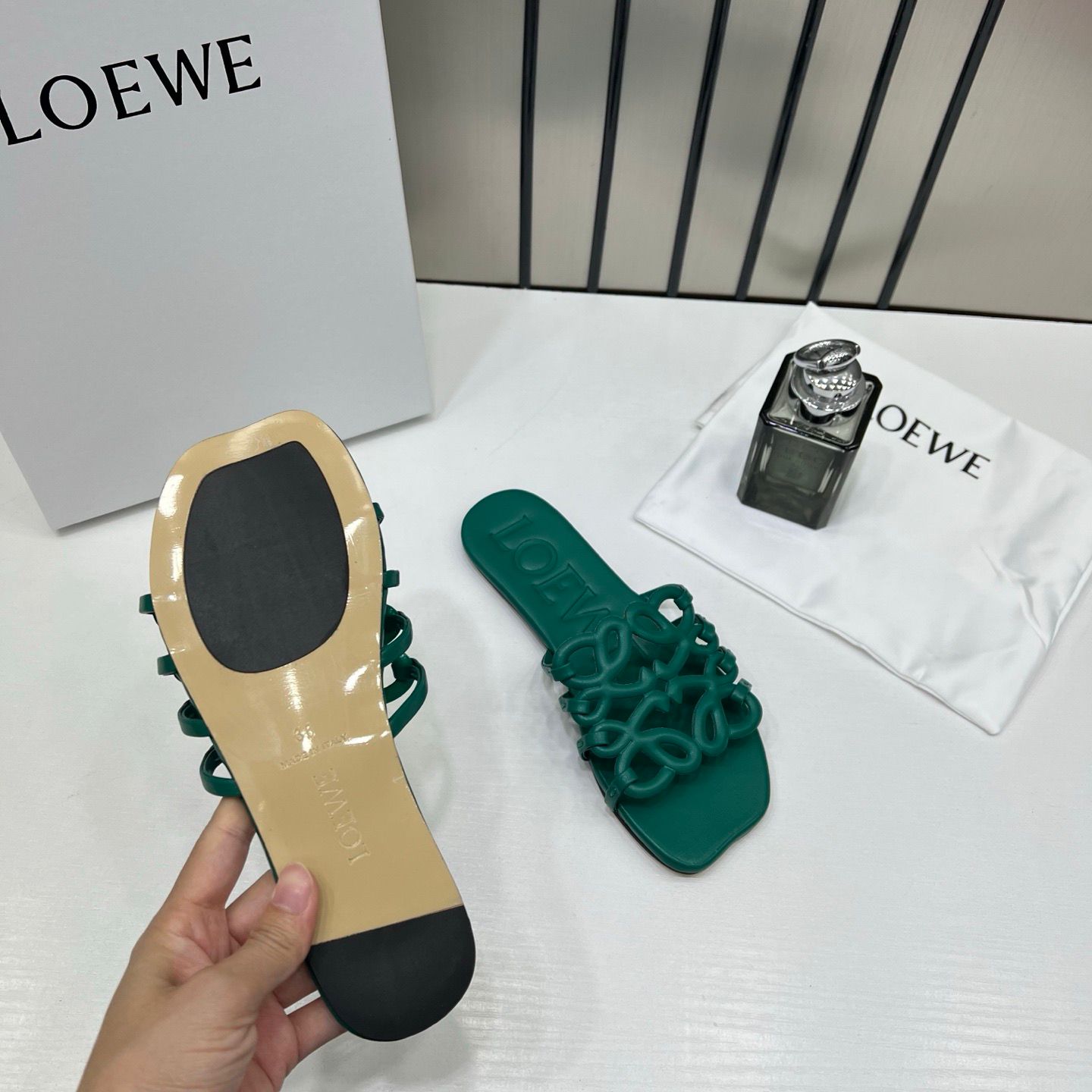 loewe petal anagram green slides for women with original box and dust cover green 2506 loewe petal anagram green slides for women with original box and dust cover green 2506