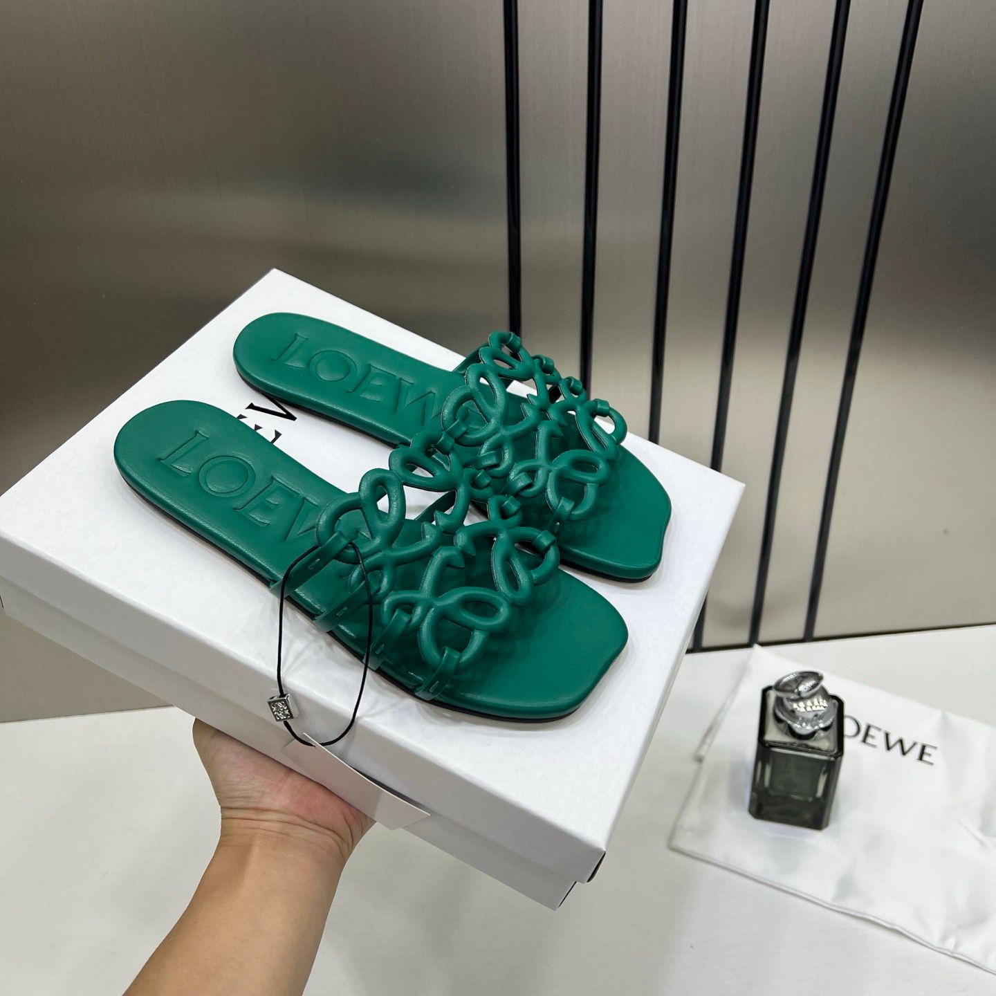 loewe petal anagram green slides for women with original box and dust cover green 2506 loewe petal anagram green slides for women with original box and dust cover green 2506