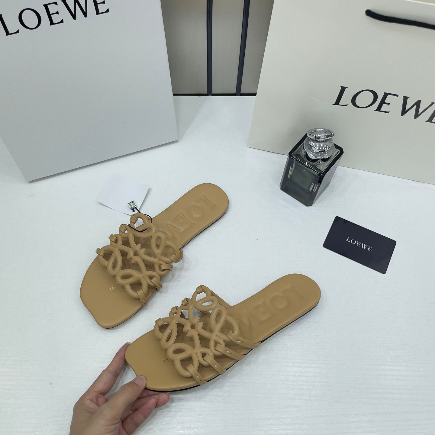 loewe petal anagram tan beige slides for women with original box and dust cover tan beige 2506 loewe petal anagram tan beige slides for women with original box and dust cover tan beige 2506