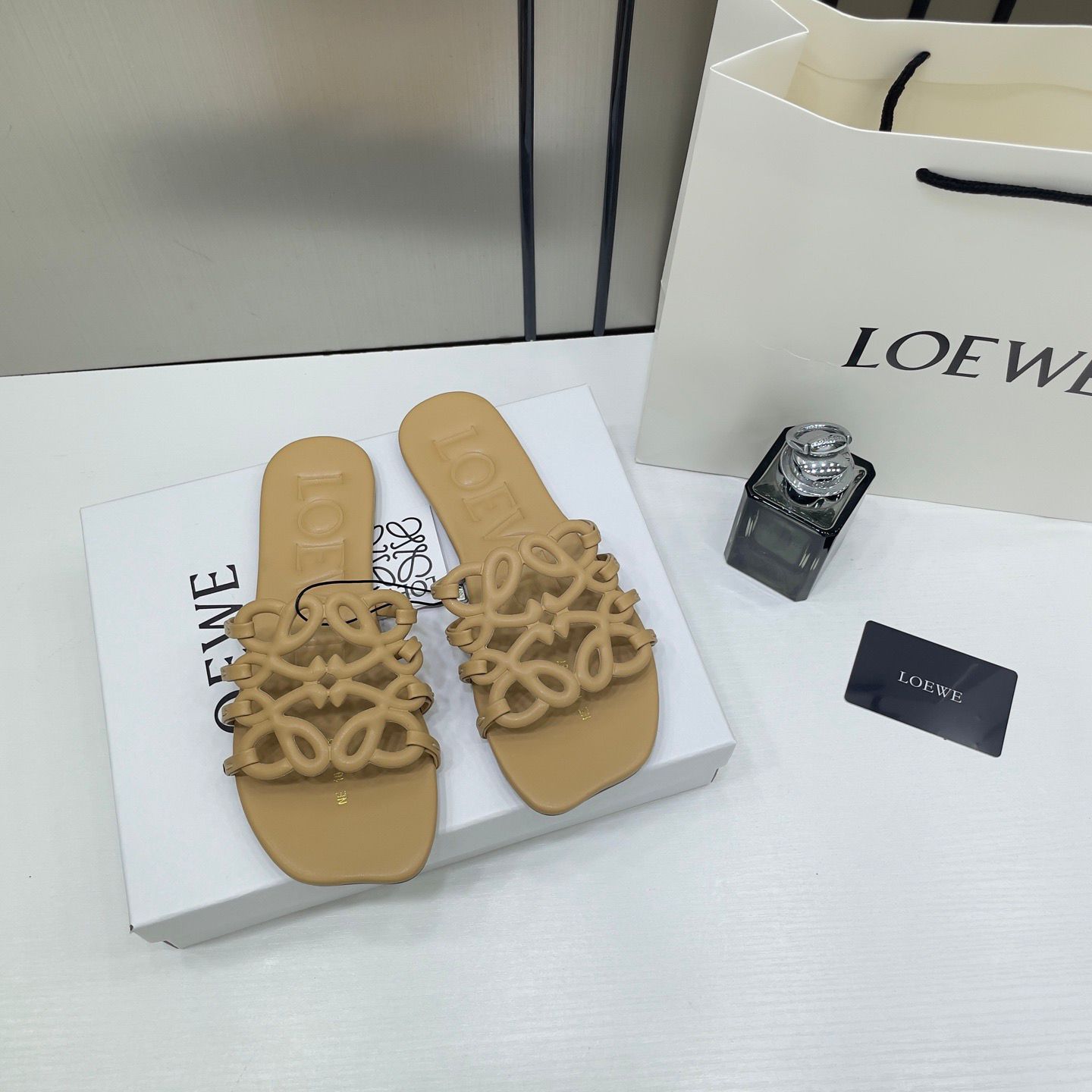 loewe petal anagram tan beige slides for women with original box and dust cover tan beige 2506 loewe petal anagram tan beige slides for women with original box and dust cover tan beige 2506