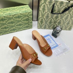 gucci womens leather heel mules brown with og box & dust bag with carry bag brown