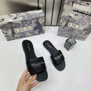 christian dior d lane slide black flats openwork microcannage motif with og box & carry bag 1892 black