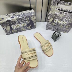 christian dior d lane slide beige flats openwork microcannage motif with og box & carry bag 1892 beige