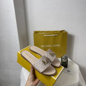 michael kors mk kippy leather slide flats pink embossed logoprint with og box & carry bag 235 m5 pink