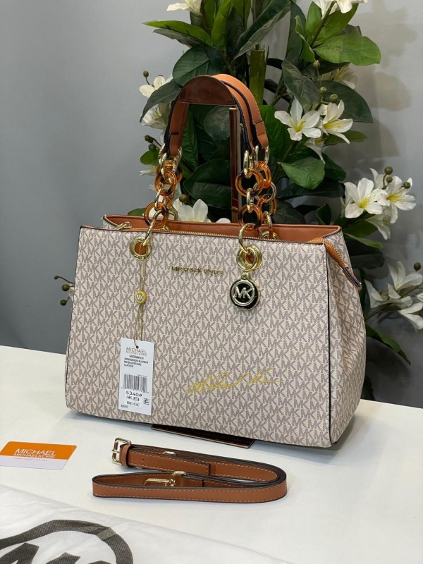 michael kors cynthia signature bag with dust bag (5340 beige brown) michael kors cynthia signature bag with dust bag (5340 beige brown)