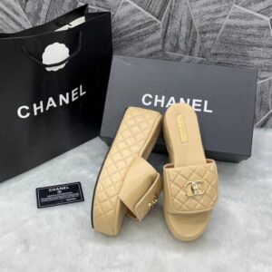 chanel lambskin quilted cc mules wedge sandals with og box & dust bag apricot 6623 2