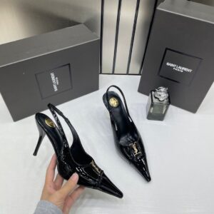 ysl yves saint laurent pointed toe glossy patent leather slingback pumps with og box dust cover glossy patent black a16