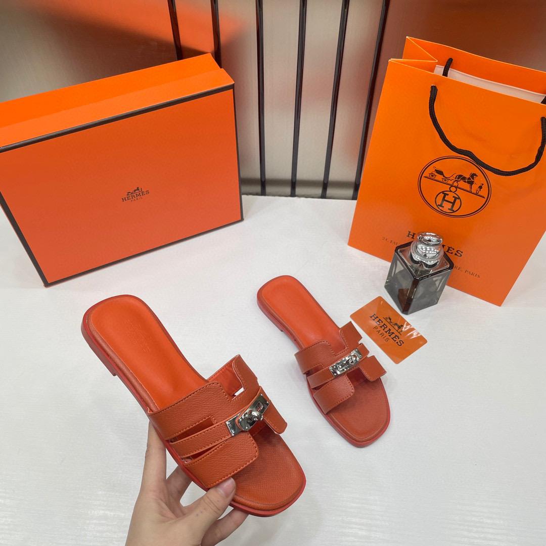 hermes paris oran flats for her with og box & carry bag h38 41 orange slide hermes paris oran flats for her with og box & carry bag h38 41 orange slide