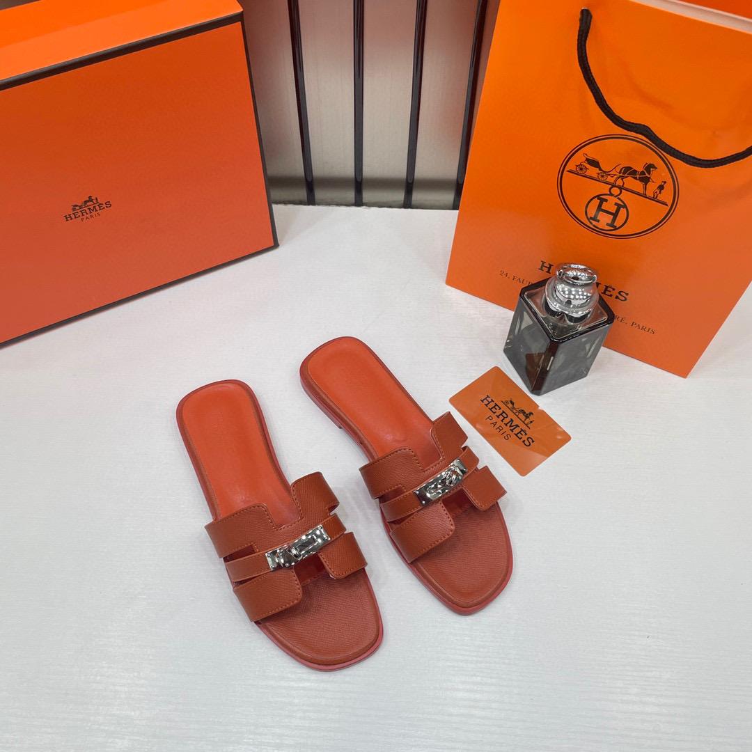 hermes paris oran flats for her with og box & carry bag h38 41 orange slide hermes paris oran flats for her with og box & carry bag h38 41 orange slide
