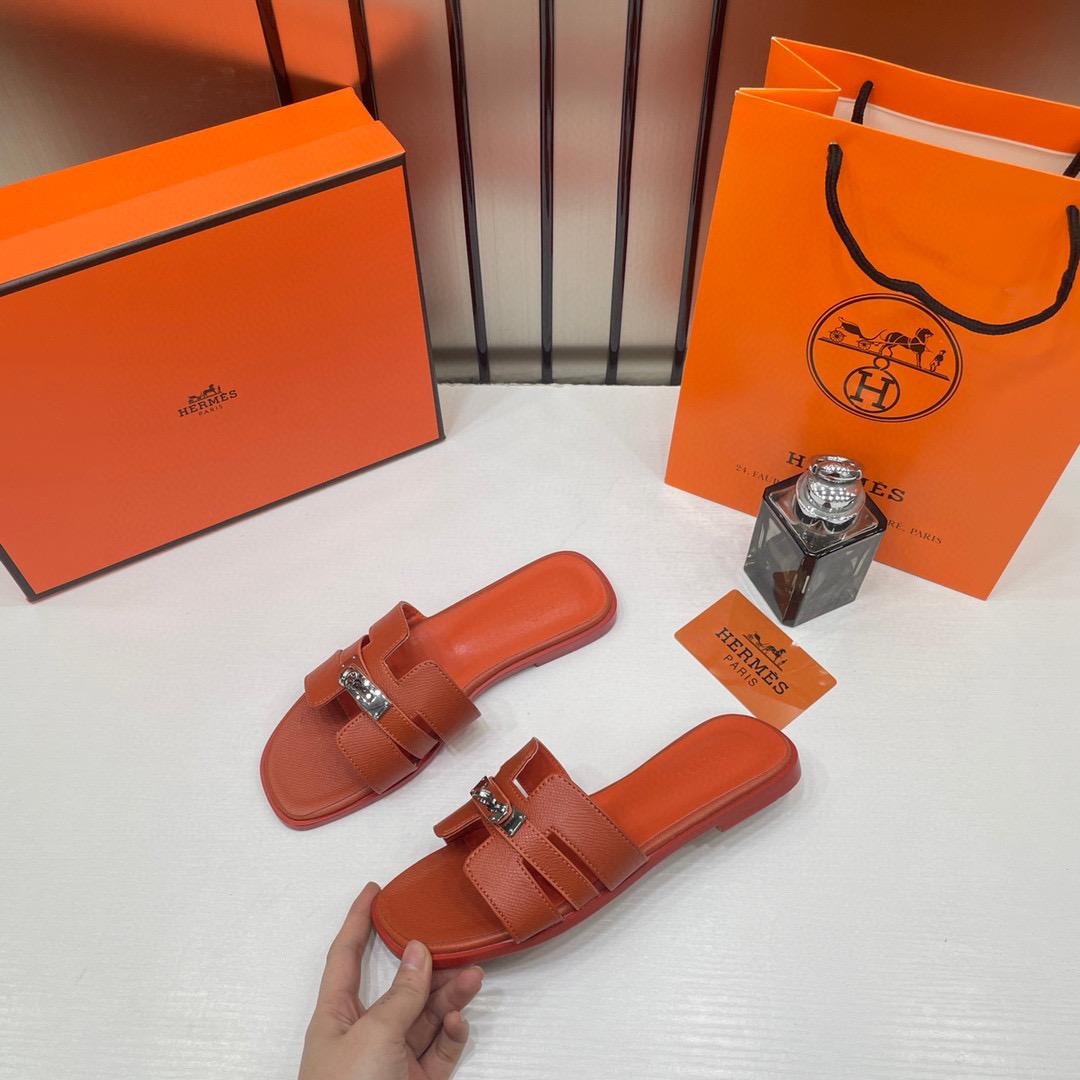 hermes paris oran flats for her with og box & carry bag h38 41 orange slide hermes paris oran flats for her with og box & carry bag h38 41 orange slide