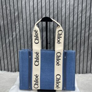 chloe denim medium canvas woody tote with dust cover denim blue