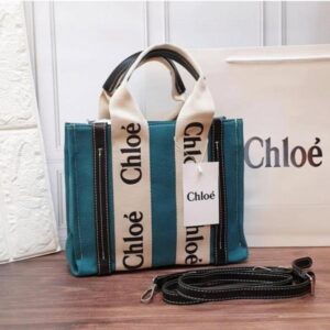 chloe dark green black cloth brown canvas medium canvas woody tote with dust cover dark green black