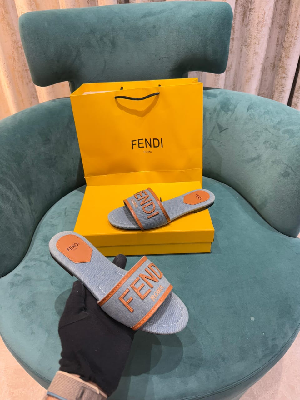 fendi blue denim washed flats with og box & carry bag fendi blue denim washed flats with og box & carry bag