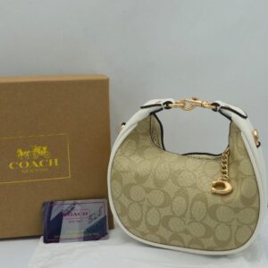 coach small jonie 22 half moon leather shoulder bag in signature canvas & white 2088