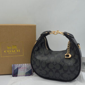 coach small jonie 22 half moon leather shoulder bag in signature canvas & black 2088