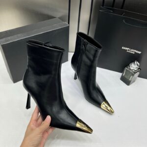 ysl saint laurent paris black high heeled ankle boots with gold metal toe cap with og box dust cover & carry bag b1 black