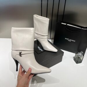 ysl saint laurent niki leather high heeled ankle boots with the ysl logo with og box dust cover & carry bag b2 off white