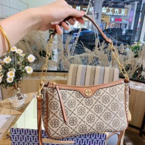 tory burch t monogram jacquard top handle sling bag with og box dust cover brown