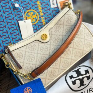 tory burch t monogram jacquard top handle sling bag with og box dust cover white
