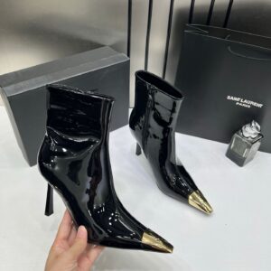 ysl saint laurent paris black glossy high heeled ankle boots with gold metal toe cap with og box dust cover & carry bag b1 black glossy