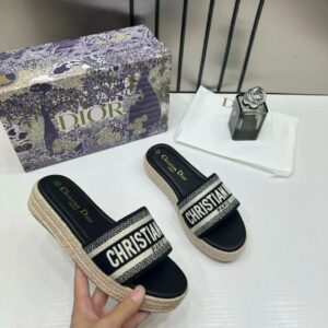 christian dio.r dway platform slide sandals black embroidered signature strap with og carry bag 3369 black