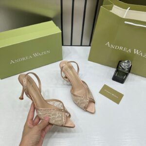 andrea wazen apricot katy 105 slingback pumps black satin mesh rhinestone with og box & carry bag