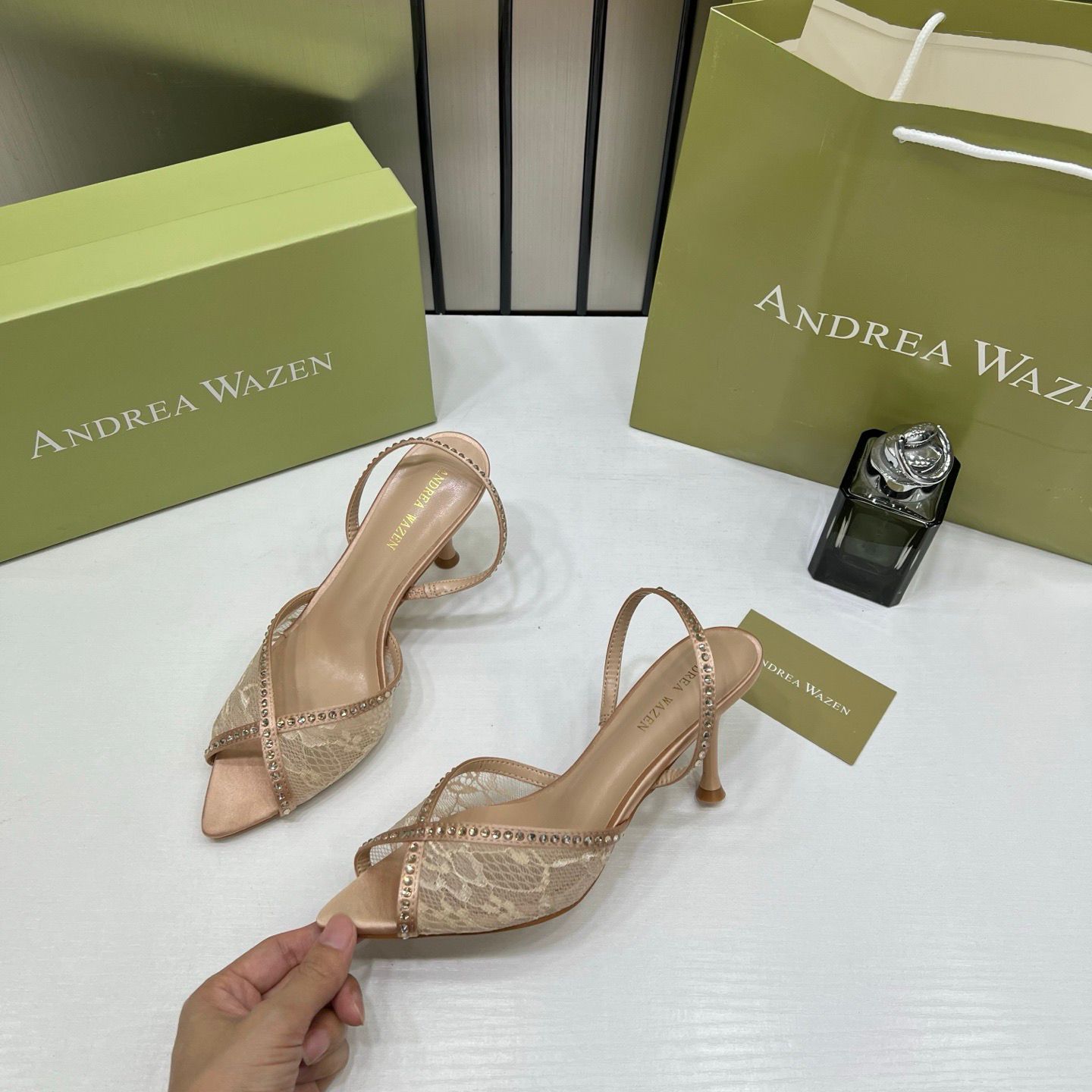 andrea wazen apricot katy 105 slingback pumps black satin mesh rhinestone with og box & carry bag andrea wazen apricot katy 105 slingback pumps black satin mesh rhinestone with og box & carry bag