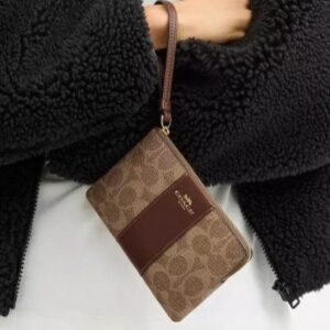coach corner zip wristlet in signature canvas with brown stripe with og box & dust bag 104