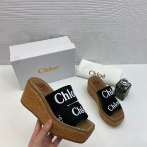 chloe woody wedge espadrille sandals platform heel black logo embroidered straps with og box black