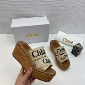 chloe woody wedge espadrille sandals platform heel beige logo embroidered straps with og box beige